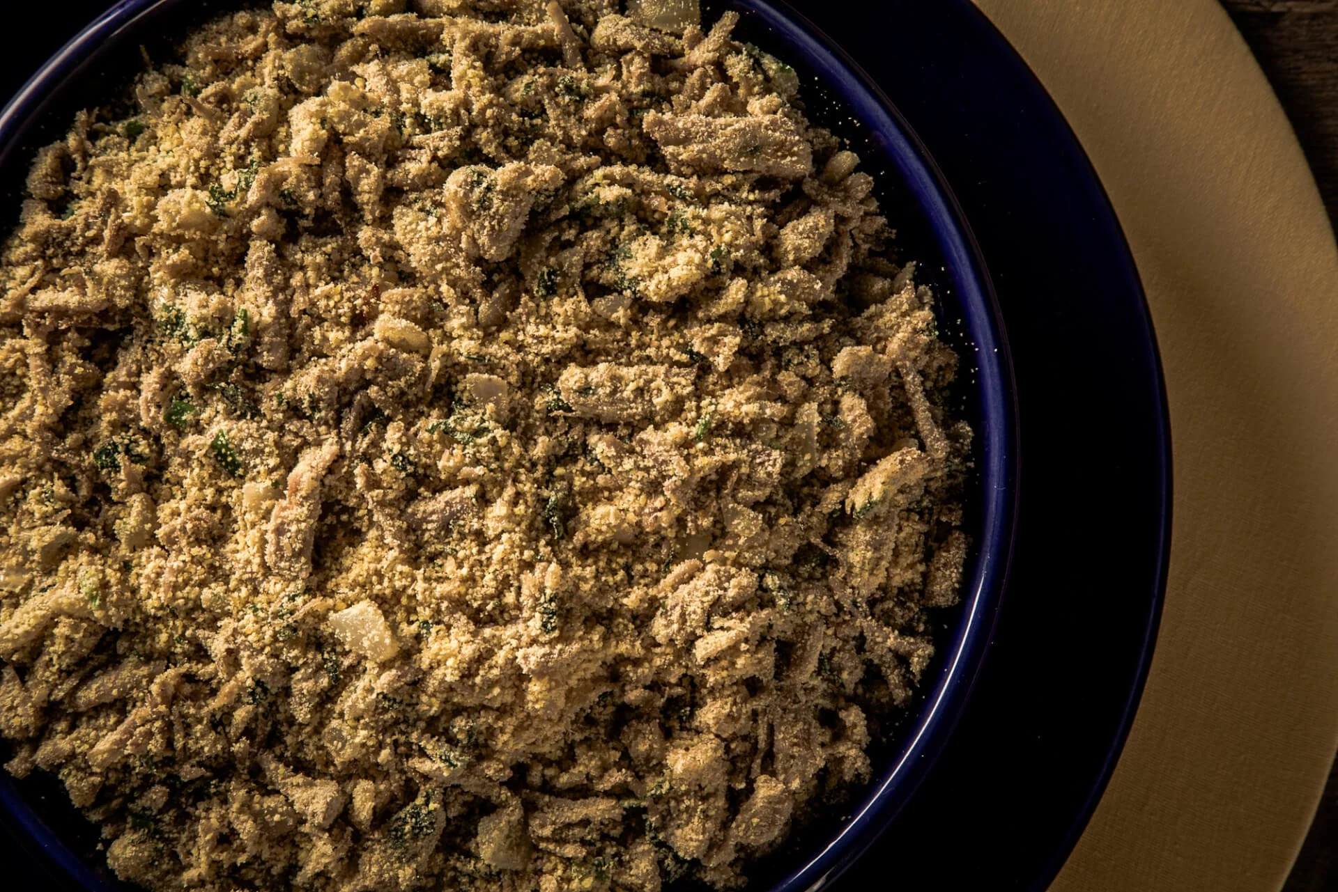 Farofa - toastef manioc flour and pork - traditional Brazilian s