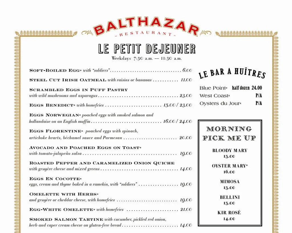 Menu at Balthazar, NYC