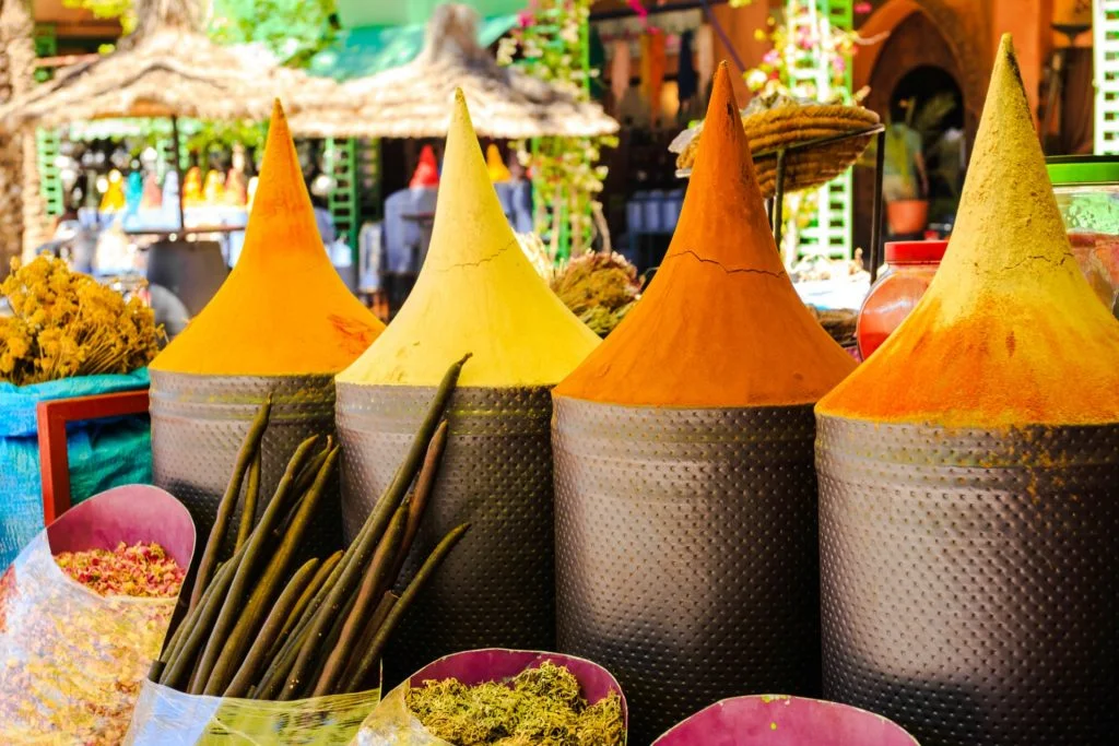 Moroccan spice stall in Marrakech market, Morocco