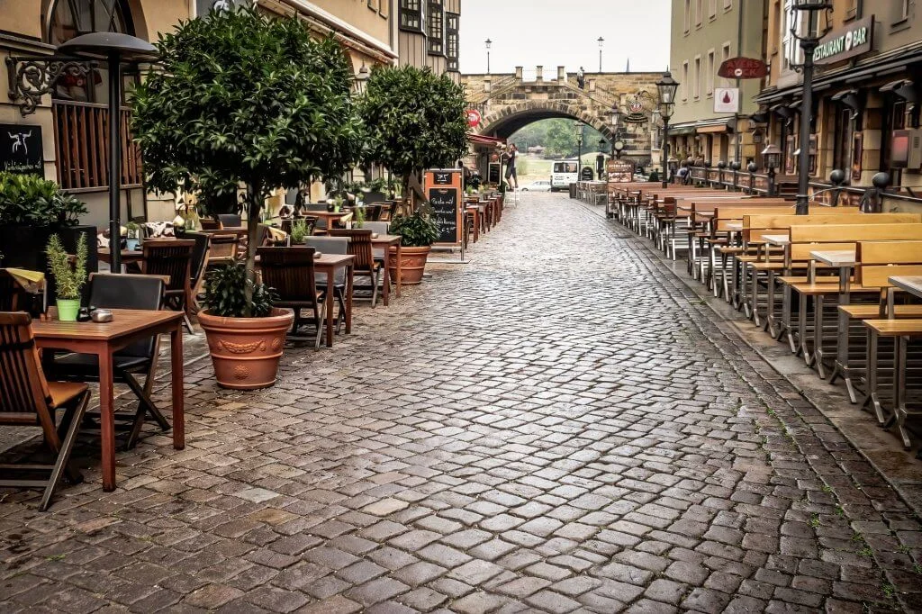 DRESDEN, GERMANY - SEPTEMBER 19, 2018: View of outdoor cafe in old city