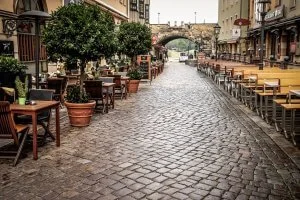 DRESDEN, GERMANY - SEPTEMBER 19, 2018: View of outdoor cafe in old city