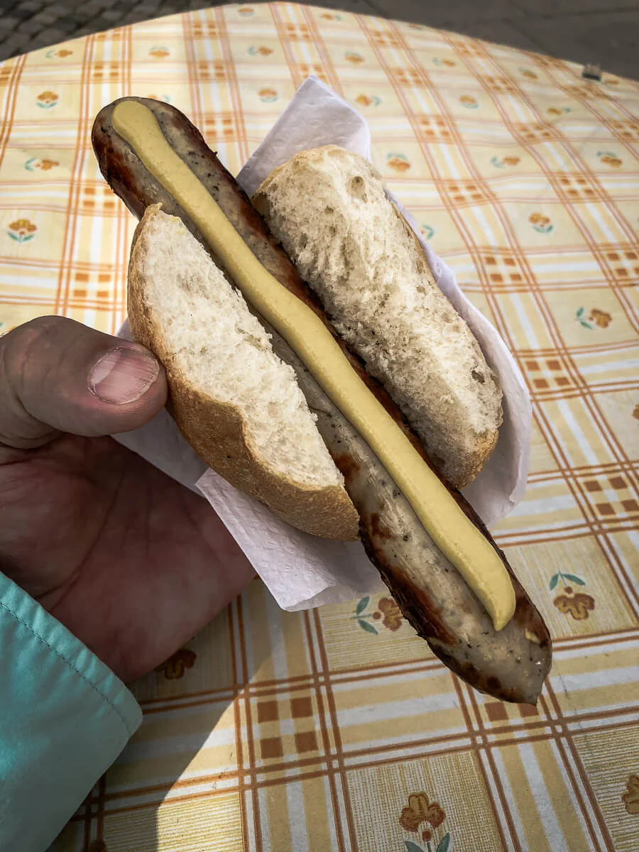 Thuringer sausage on a bun with mustard