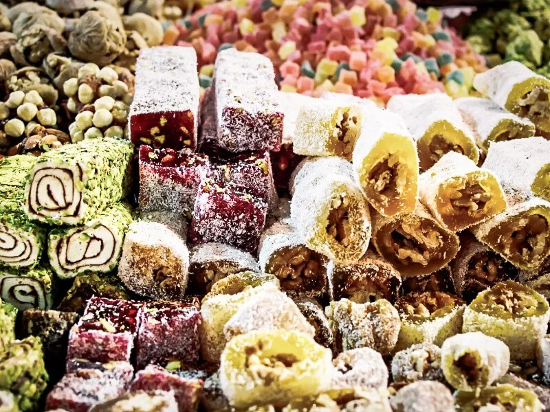 large display of various Azerbaijan sweets